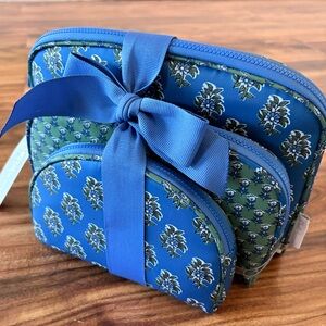 NWT Dwell Studio Collection 3 Cosmetic Pouches Bags Travel Blue Green Blockprint